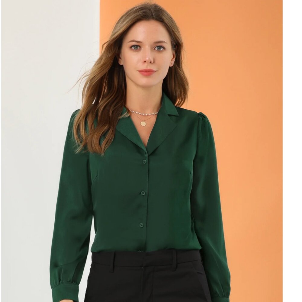 Elegant Collar Blouse Long Sleeve Work Office Satin Button Down Shirt